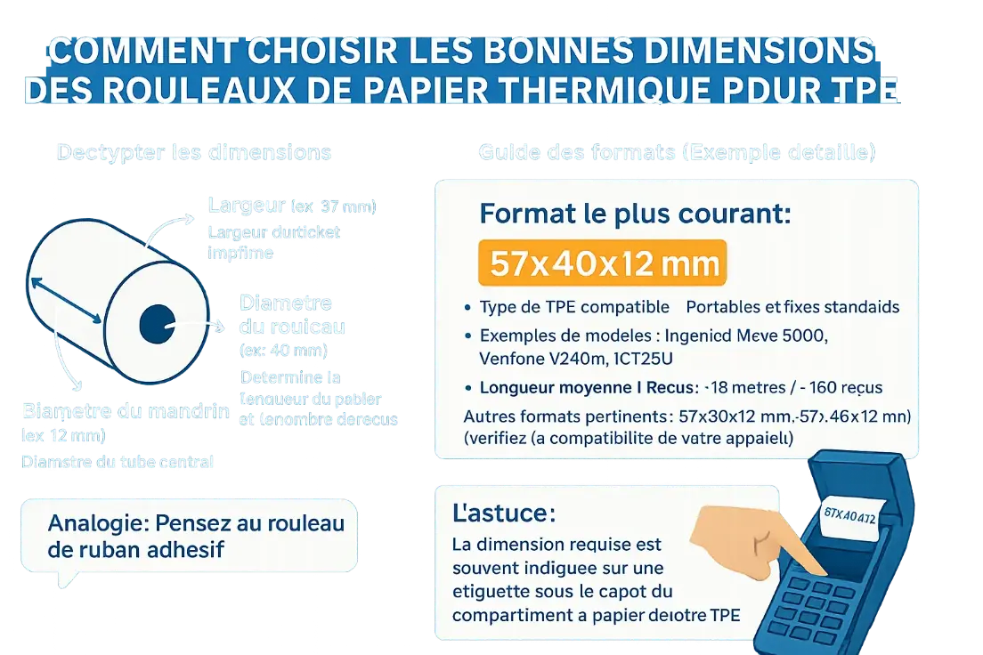 Comment bien choisir les bonnes dimensions des rouleaux de papier thermique pour TPE - Guide des formats de bobines TPE. Comment bien choisir les bonnes dimensions des rouleaux de papier thermique pour TPE - Guide des formats de bobines TPE.